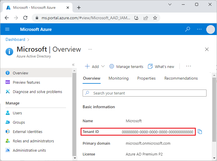 Azure 入口網站中租用戶識別碼的螢幕擷取畫面。