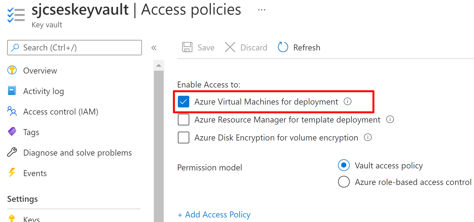 顯示 Azure 入口網站中存取原則視窗的影像。