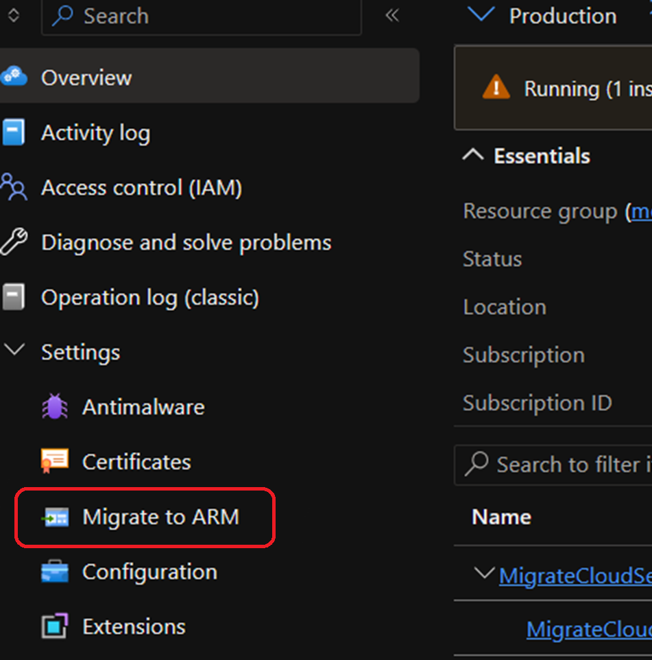 Azure 入口網站中 [移轉至 ARM] 按鈕的螢幕擷取畫面。