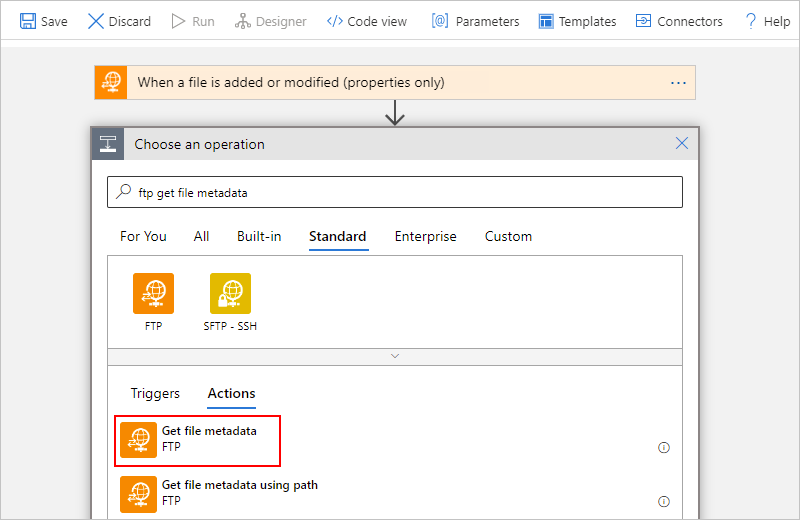 Screenshot shows the Azure portal, Consumption workflow designer, search box with 