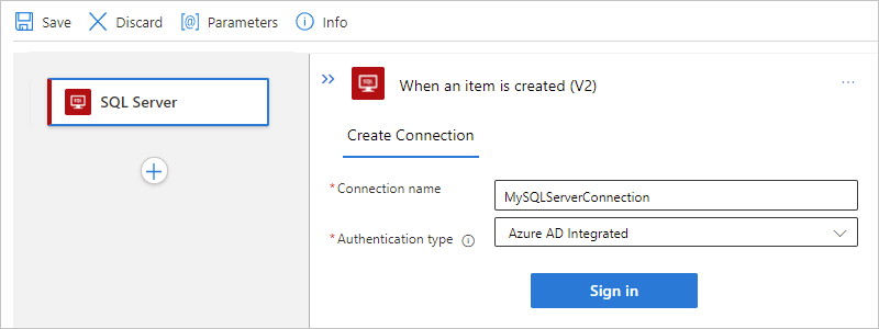 此螢幕快照顯示具有所選驗證類型的 SQL Server 雲端連線資訊。