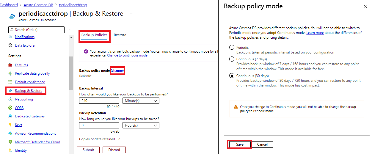 使用 Azure 入口網站 移轉至連續模式