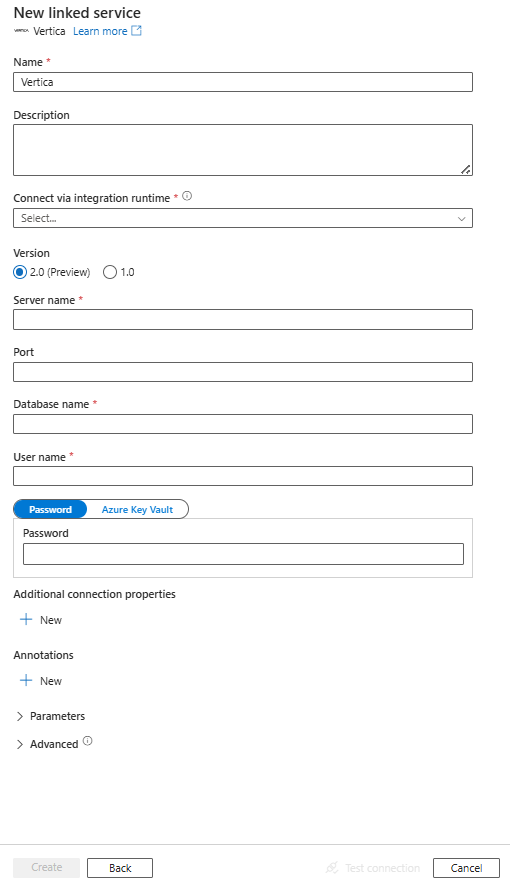 Screenshot of linked service configuration for Vertica.