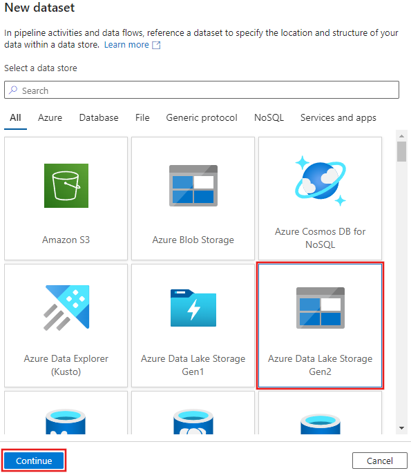  截圖顯示在新資料集視窗中選擇Azure Data Lake Storage Gen2的位置。