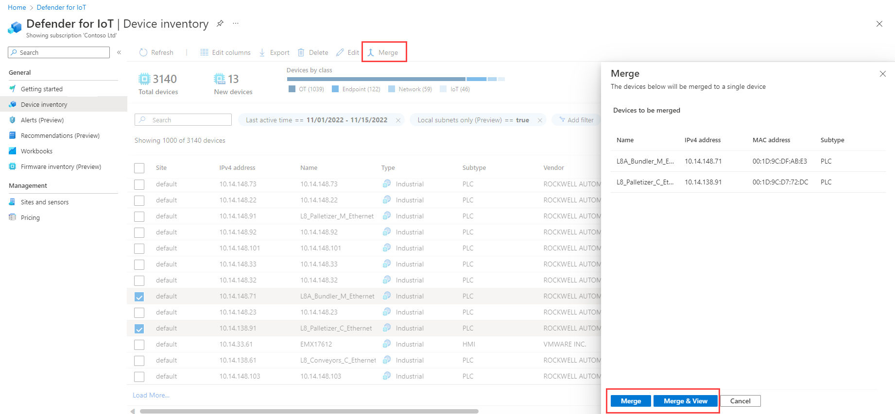 裝置詳細目錄中合併裝置畫面的螢幕擷取畫面。