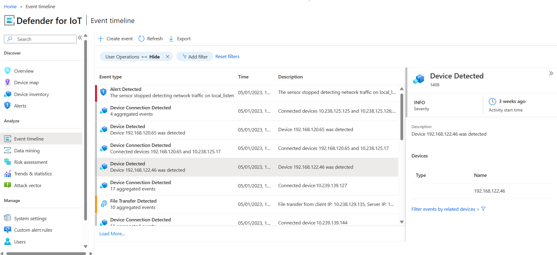 Screenshot of events on the event timeline.