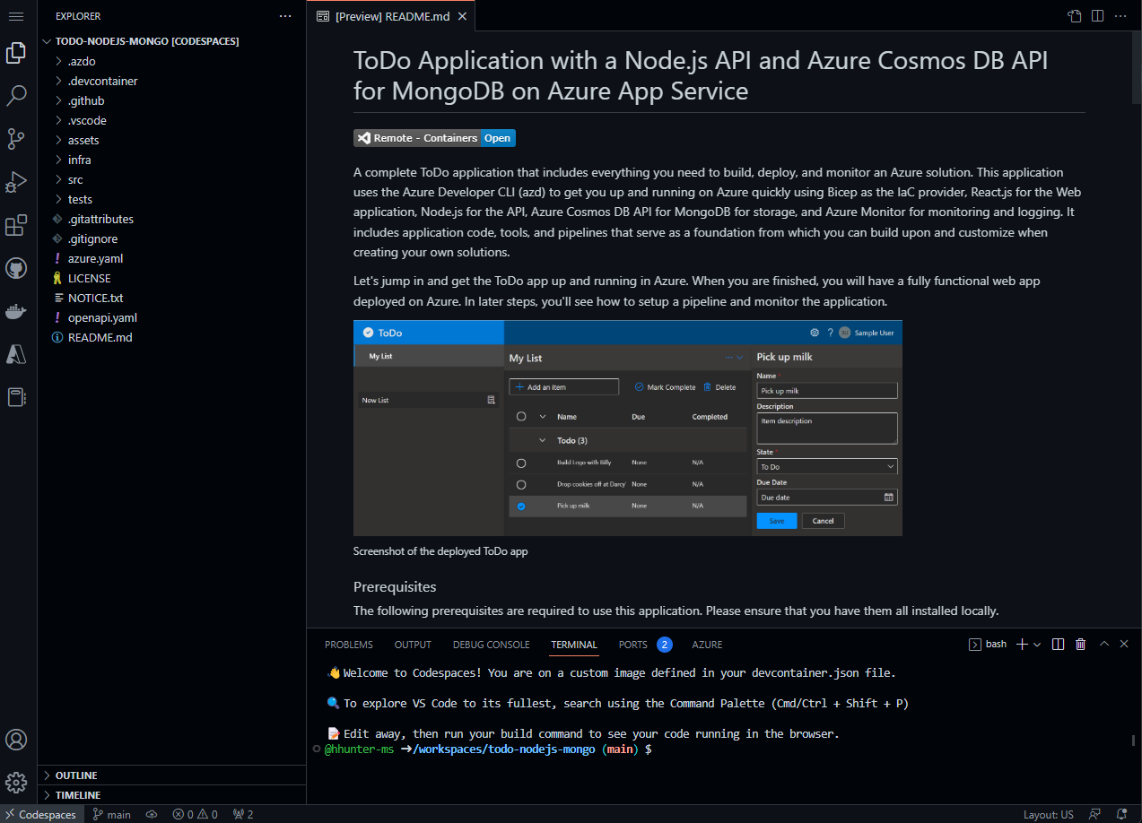 顯示您的新 Codespace 在啟動後的螢幕快照。