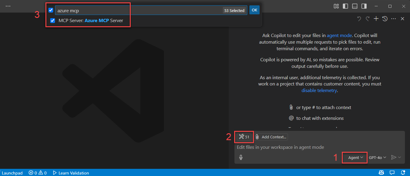 將 Azure MCP Server 顯示為 GitHub Copilot 工具的螢幕擷取畫面。