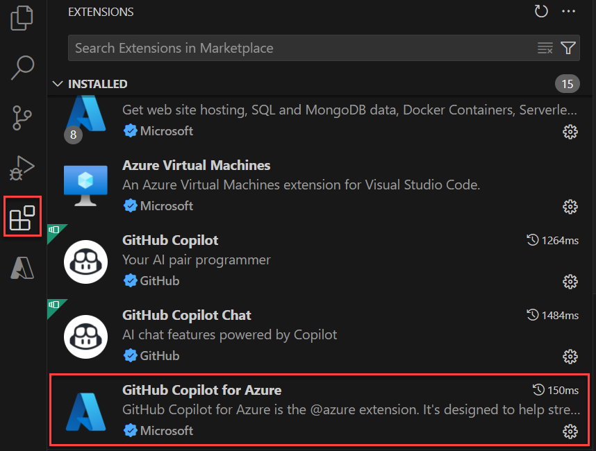  截圖顯示於 Visual Studio Code 的擴充套件清單中 Azure GitHub Copilot。