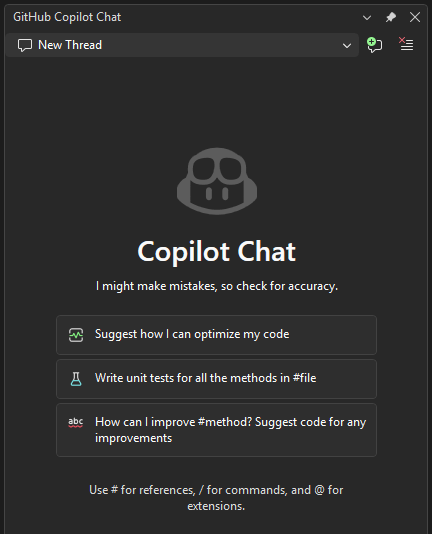 截圖，顯示 Visual Studio 2026 中的 GitHub Copilot 聊天視窗。