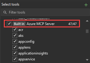 截圖顯示選取工具對話框，並勾選了Azure MCP 伺服器節點。