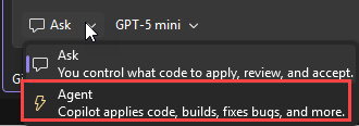 截圖，顯示 2026 Visual Studio 聊天區的模式選單。
