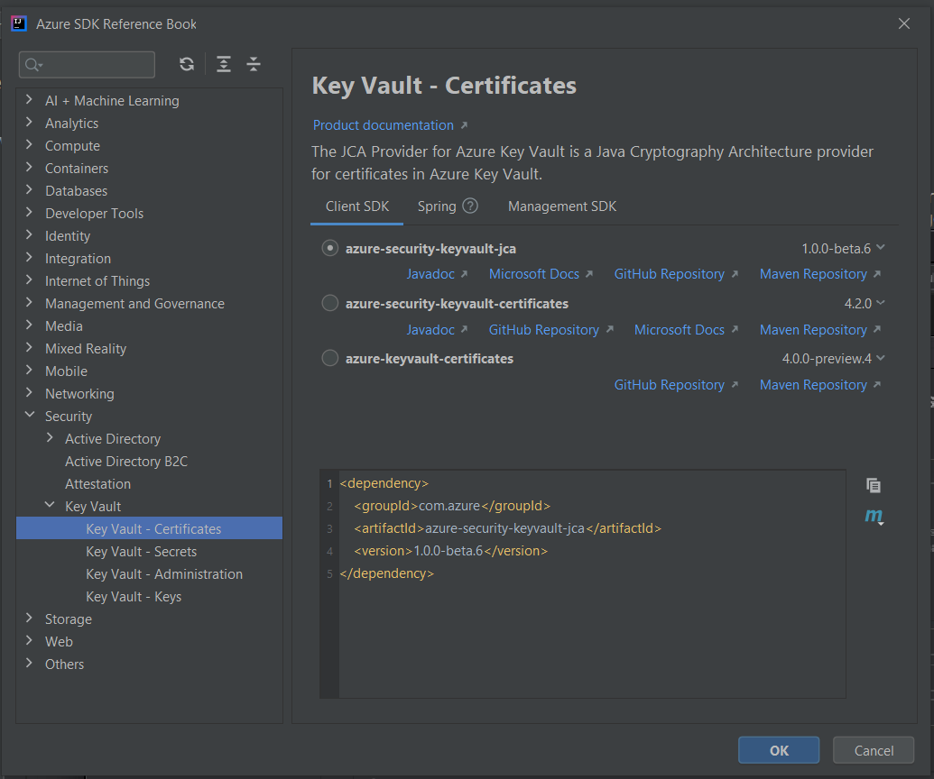 IntelliJ 中 Azure SDK 參考書選單選項的截圖。