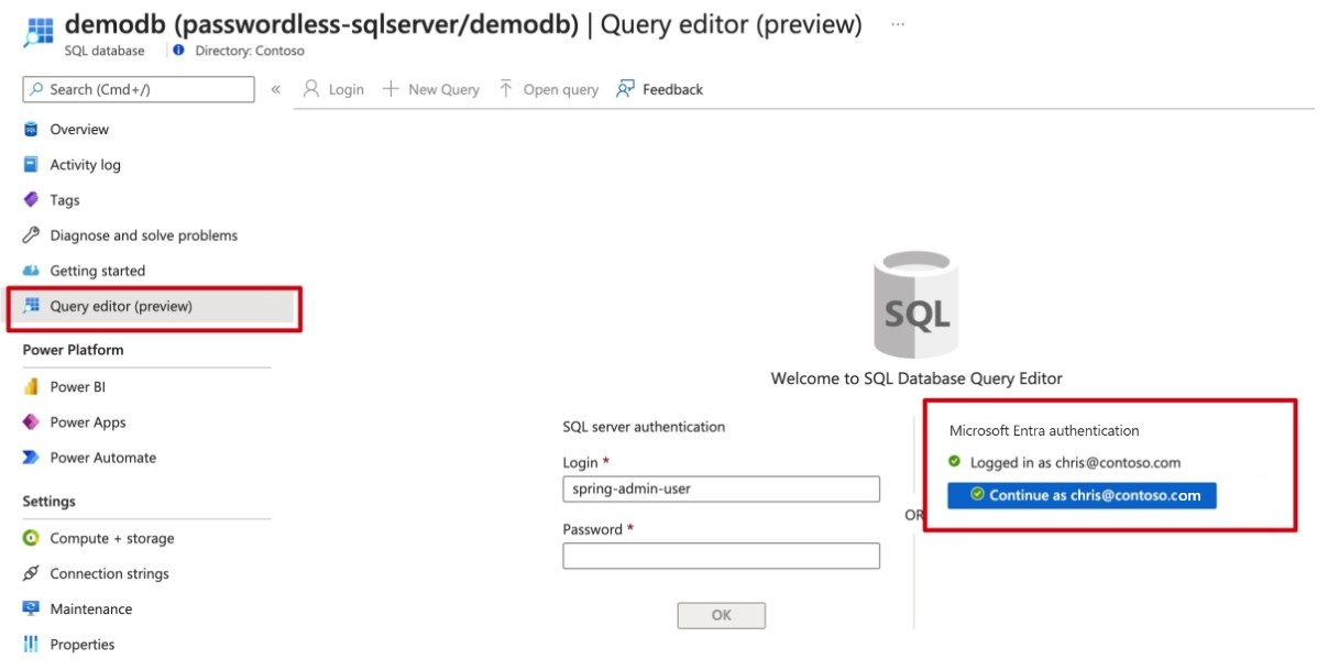 顯示 SQL Database 查詢編輯器的 Azure 入口網站螢幕擷取畫面。