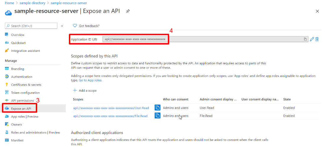 Azure 管理入口網站顯示 Web 應用程式「公開 API」頁面的螢幕快照，其中已醒目提示[應用程式識別碼 URI]。