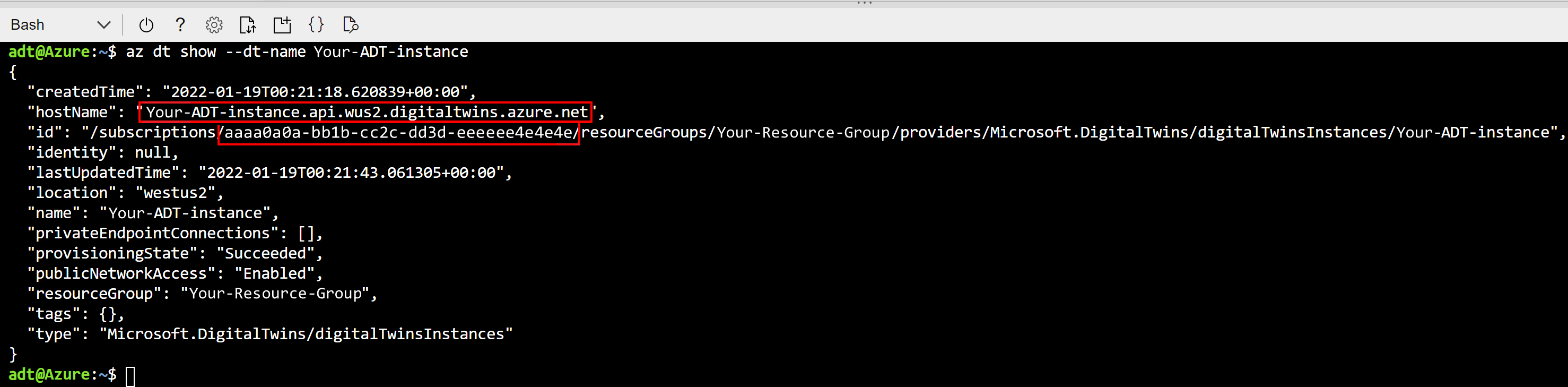 Cloud Shell 瀏覽器視窗的螢幕快照，顯示 az dt show 命令的結果，其中 hostName 欄位和訂閱 ID 已突出顯示。