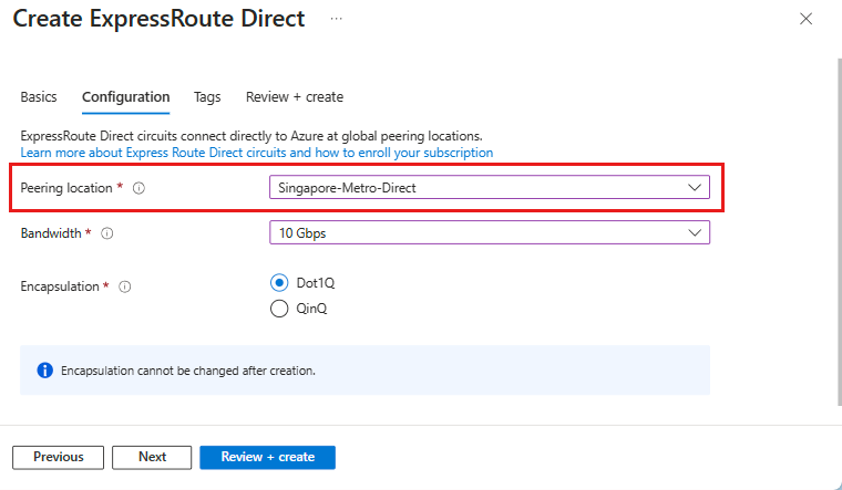 建立 Metro ExpressRoute Direct 連接埠的螢幕擷取畫面。