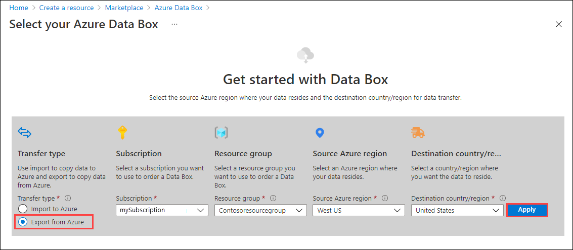 Azure Import/Export 入口網站中新匯出訂單的「開始使用」選項螢幕擷取畫面。「從 Azure 匯出」傳輸類型和「套用」按鈕已被突出顯示。