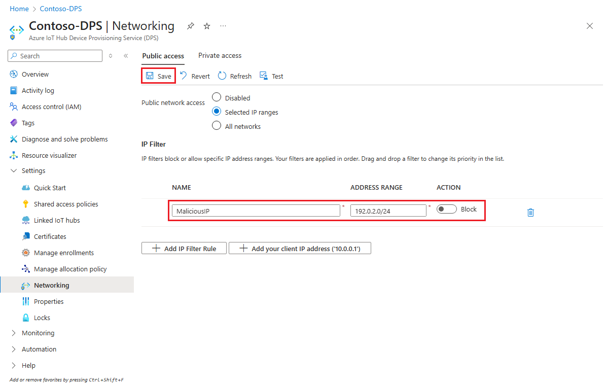 螢幕擷取畫面，示範如何在 Azure 入口網站中定義和儲存 IoT DPS 執行個體的 IP 篩選規則。