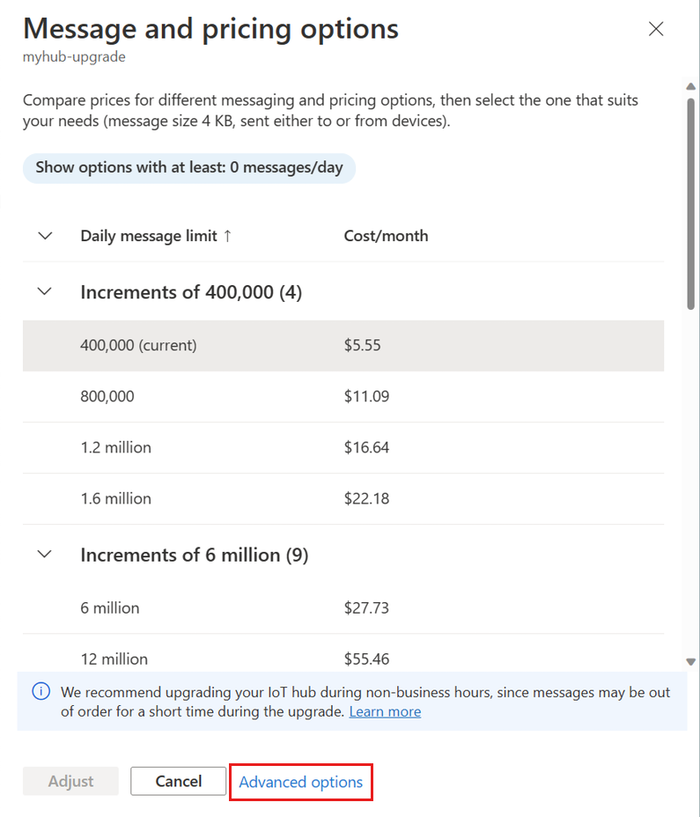 Screenshot that shows how to upgrade the size or units of your IoT hub.