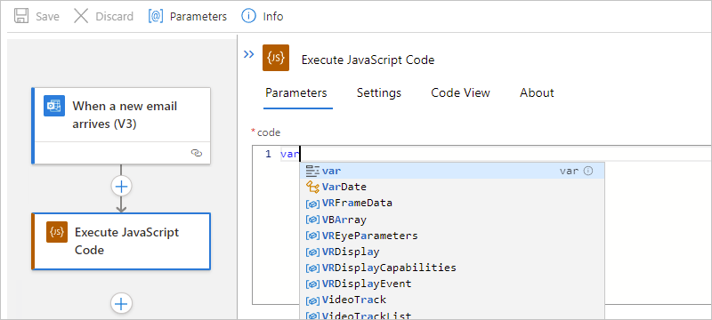 顯示標準工作流程、執行 JavaScript 程式代碼動作和關鍵詞自動完成清單的螢幕快照。