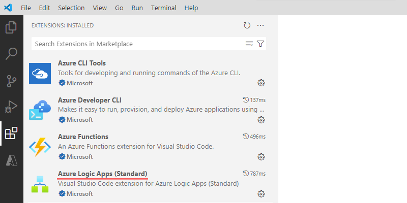 顯示已安裝 Azure Logic Apps (標準) 延伸模組的 Visual Studio Code 螢幕擷取畫面。