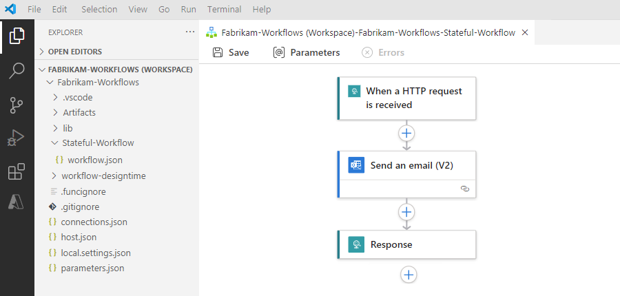 顯示 Visual Studio Code、邏輯應用程式工作區、專案和工作流程的螢幕擷取畫面。