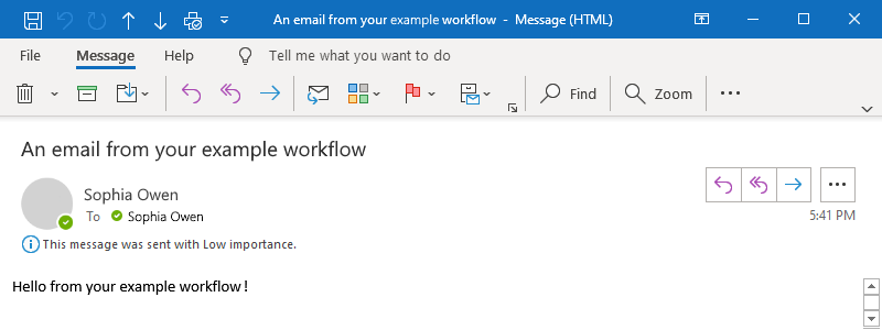 螢幕擷取畫面顯示 Outlook 電子郵件，如範例中所述。