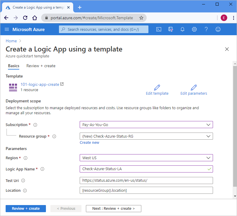 顯示 Azure 入口網站 的螢幕快照，其中顯示「使用範本建立邏輯應用程式」屬性和範例值。