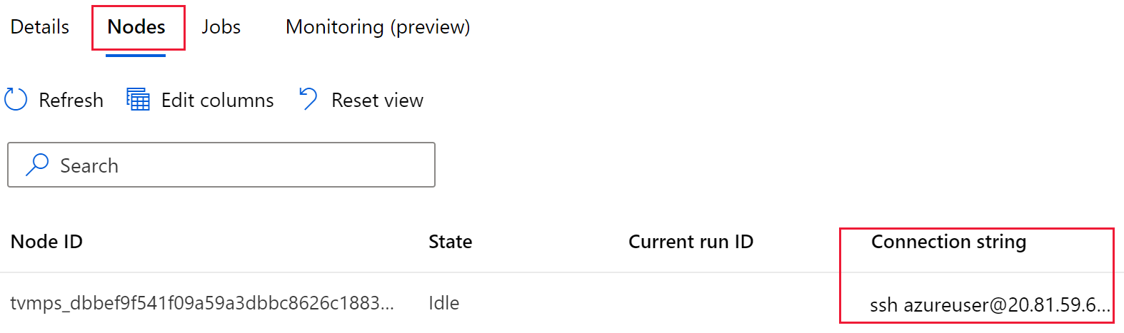 Screenshot that shows connection string for a node in a compute cluster.