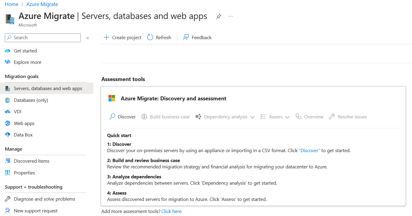 此螢幕擷取畫面顯示 Azure Migrate：預設新增了探索和評量工具。