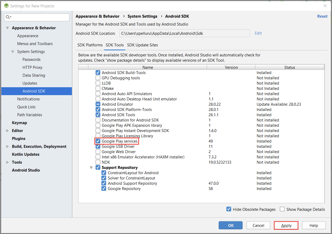 Android SDK Manager - 已選取 Google Play Services