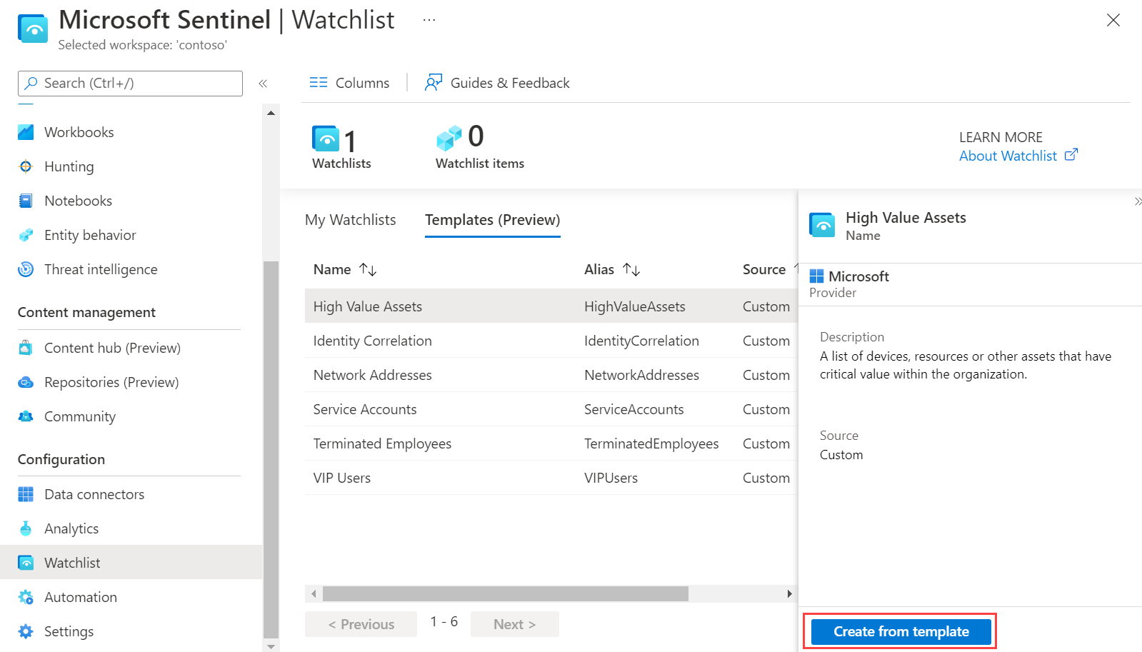 從內建範本中建立關注清單之選項的螢幕擷取畫面。