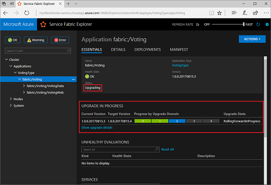 顯示在瀏覽器中執行的 Service Fabric Explorer 中投票應用程式的螢幕快照，其中已醒目提示狀態消息。