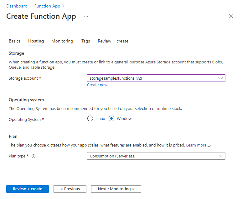 螢幕擷取畫面顯示如何在 Azure 中建立新函數應用程式 - [Hosting] 索引標籤