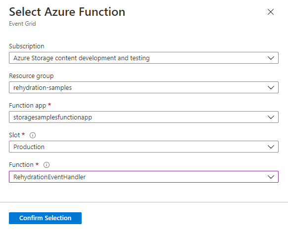 螢幕擷取畫面顯示如何選取 Azure 函式作為 Azure 事件方格訂用帳戶端點