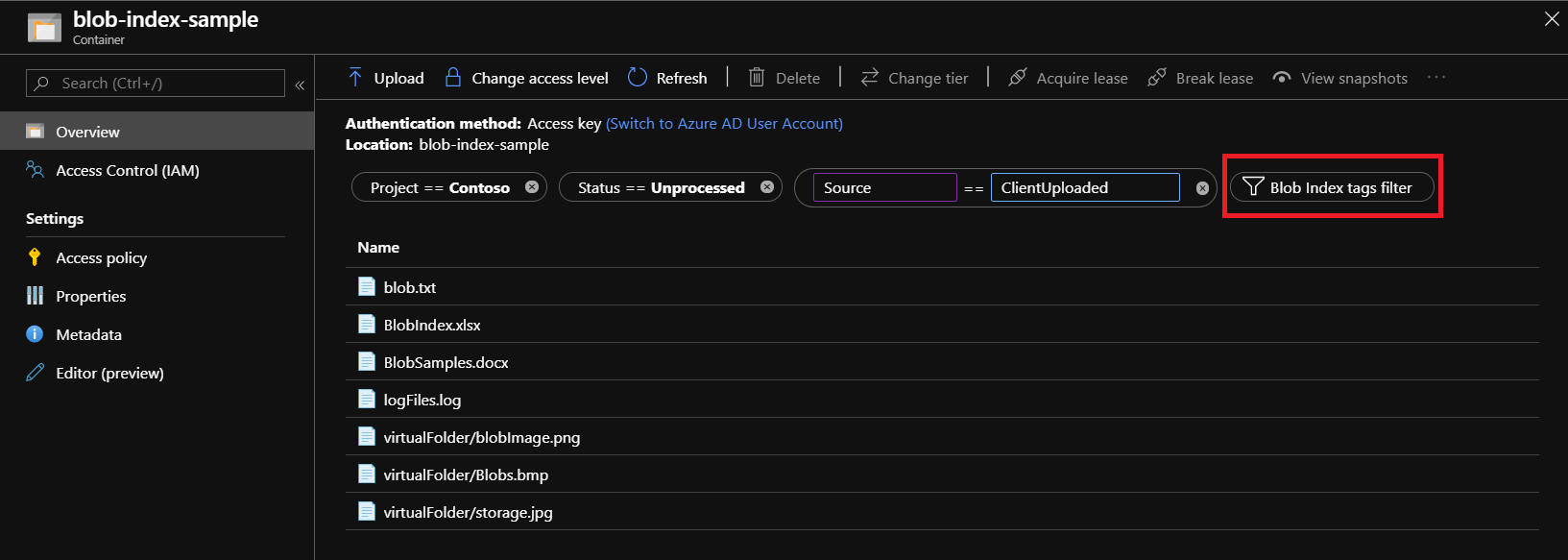 Azure 入口網站的螢幕擷取畫面，顯示如何使用索引標記，篩選和尋找已標記的 Blob