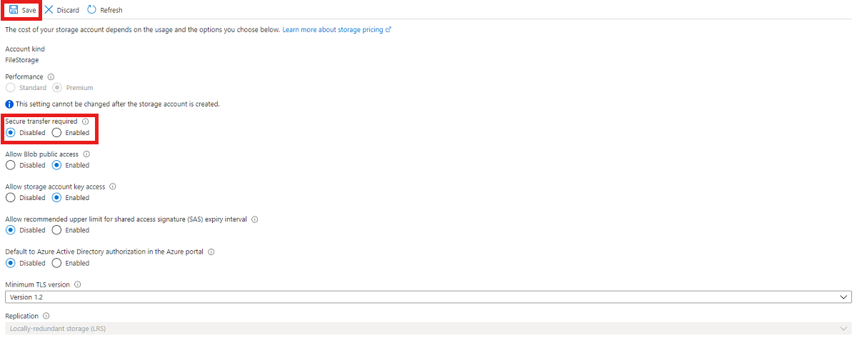 顯示如何停用安全傳輸設定的螢幕擷取畫面。