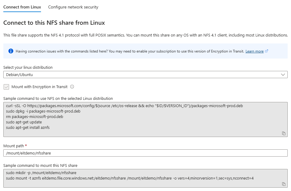顯示如何使用提供的掛接指令碼,從 Linux 連線到 NFS 檔案共用的螢幕擷取畫面。
