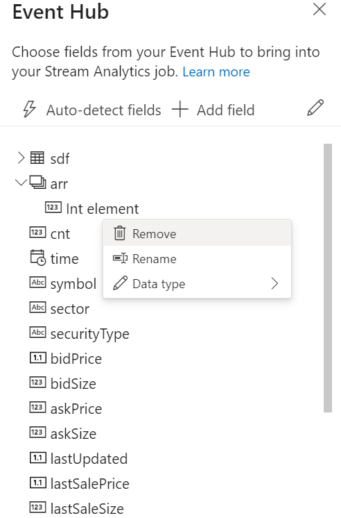 顯示事件中樞欄位清單的螢幕快照,您可以在其中移除、重新命名或變更欄位類型。