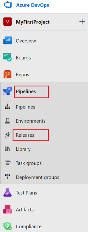 此螢幕擷取畫面顯示在 Azure DevOps 功能表上依序選取 [管線] 和 [發行]。