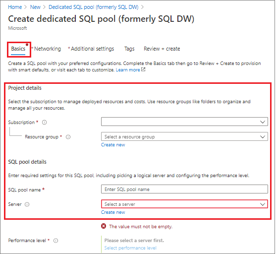 Azure 入口網站 的螢幕快照。建立數據倉儲基本詳細數據。