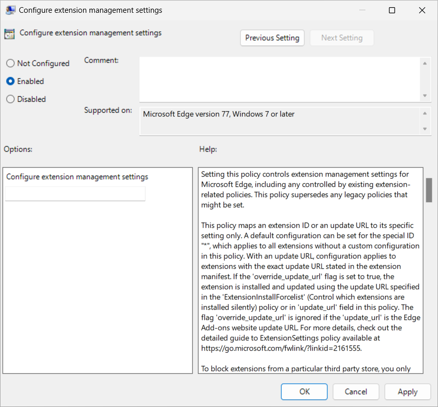 顯示組策略編輯器中Microsoft Edge 延伸模組管理設定的螢幕快照。