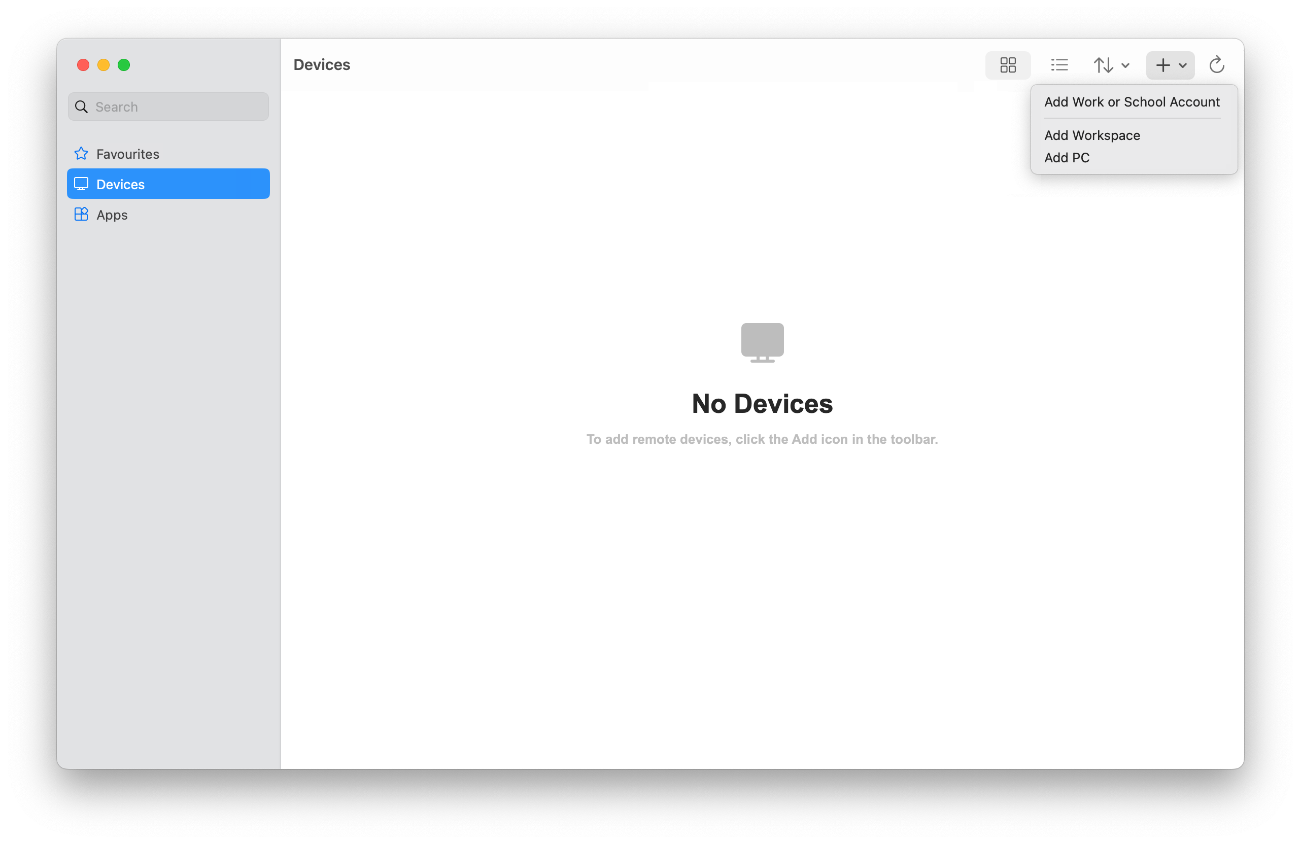 螢幕快照,顯示 macOS 上具有 Azure 虛擬桌面之 Windows 應用程式的空白裝置索引標籤。