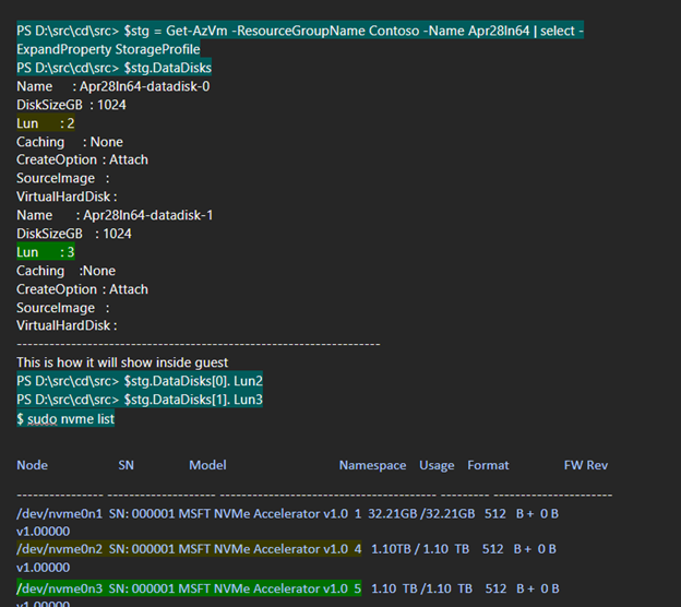 Azure PowerShell 命令回應範例的螢幕快照。