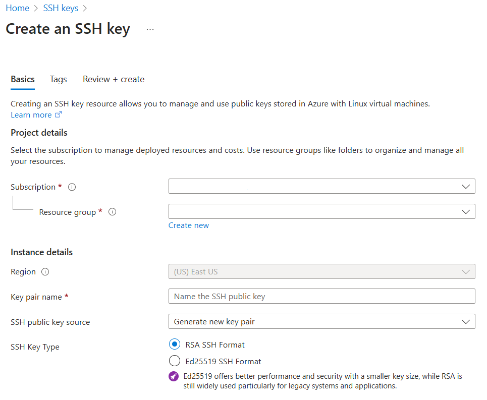 建立新的資源群組併產生 SSH 金鑰組