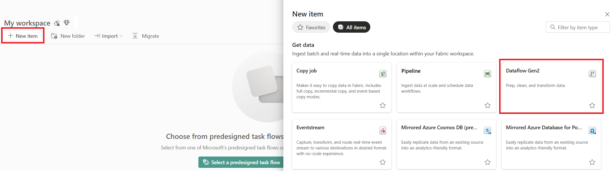 螢幕擷取畫面，其中強調 Dataflow Gen2 選取範圍。