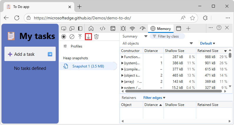Microsoft Edge 搭配 DevTools，顯示記憶體工具，並透過儲存按鈕