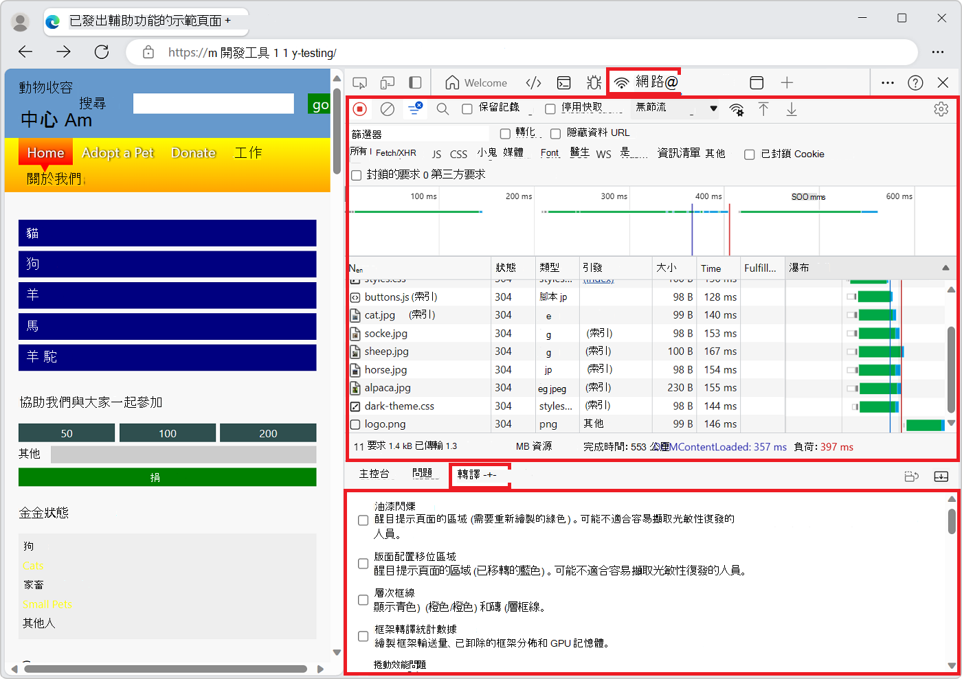 DevTools 上方是網路工具，底部是渲染工具