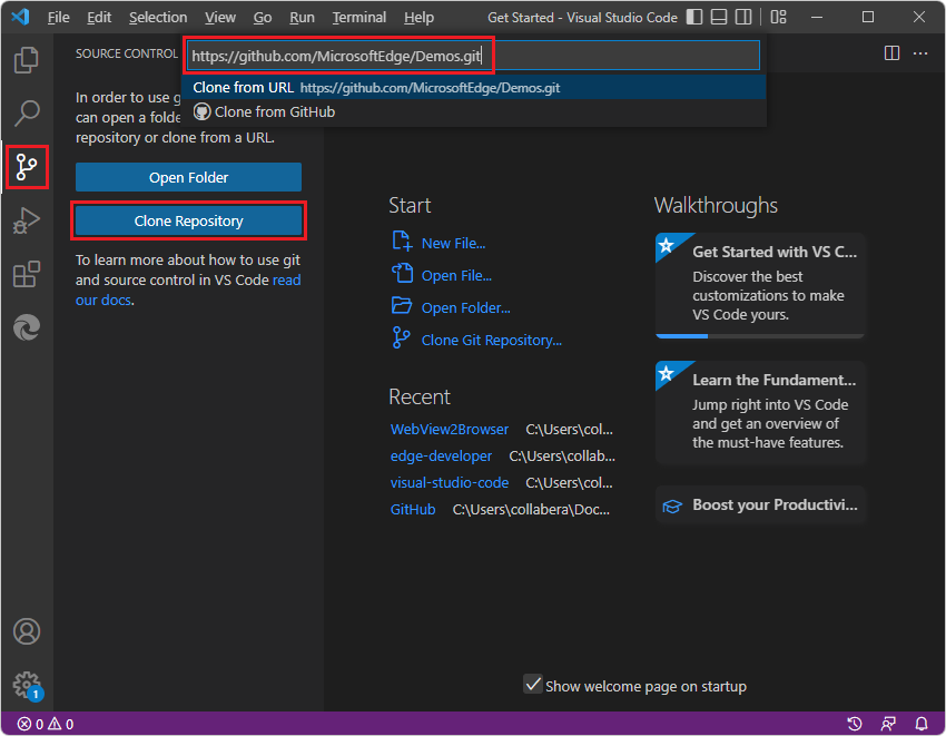 Visual Studio Code 中的複製倉庫按鈕